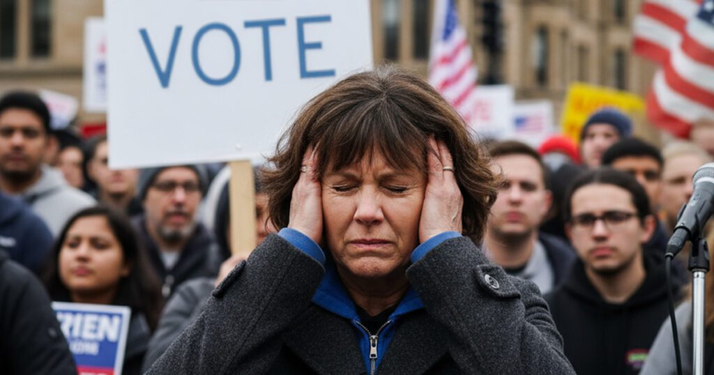 woman in crowd covering ears